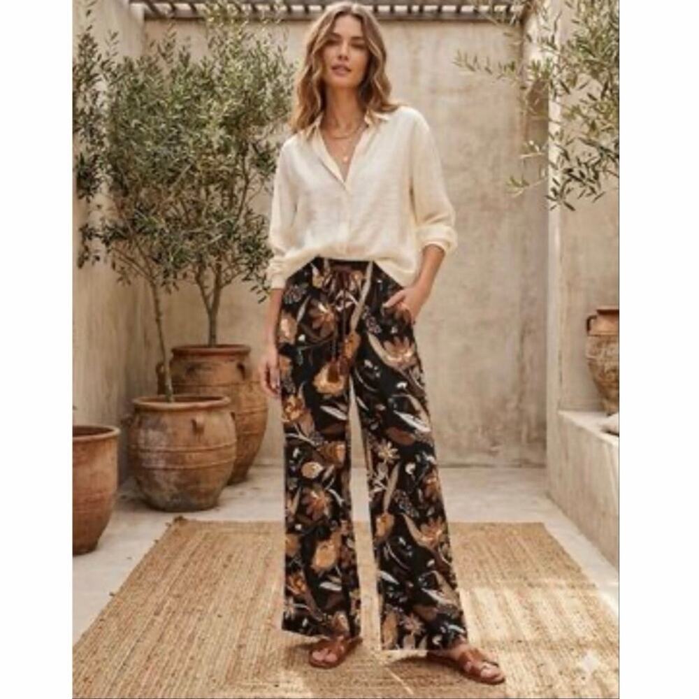 Joie Linen Blend Floral Wide Leg Drawstring Pants Black Brown Size Large